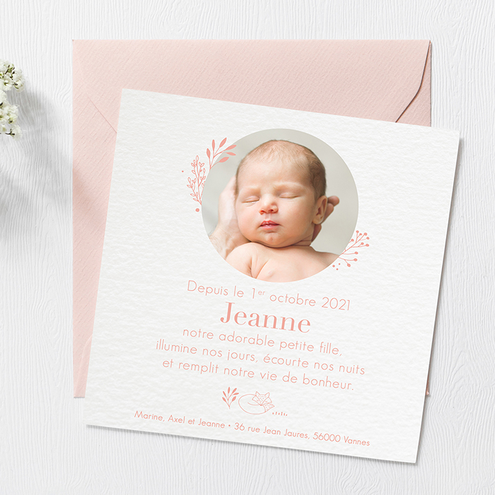 Faire-part de naissance avec animaux et fleurs roses