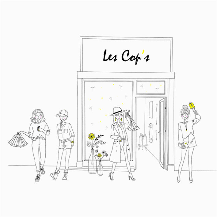 Illustration de femmes devant une boutiques de bijoux et de décoration pour l'identité visuelle de la marque Les Cops