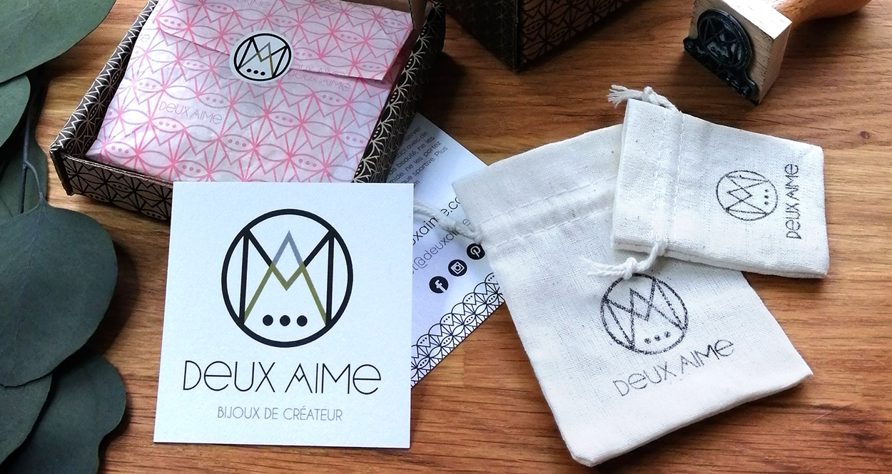 cartes de visite et packaging de la marque de bijoux Deux Aime